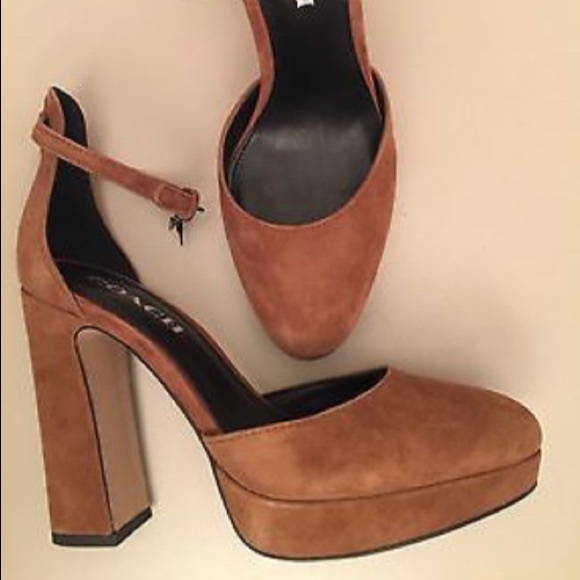 Coach Brown Suede Leather Platform Block Heels - Picture 6 of 8